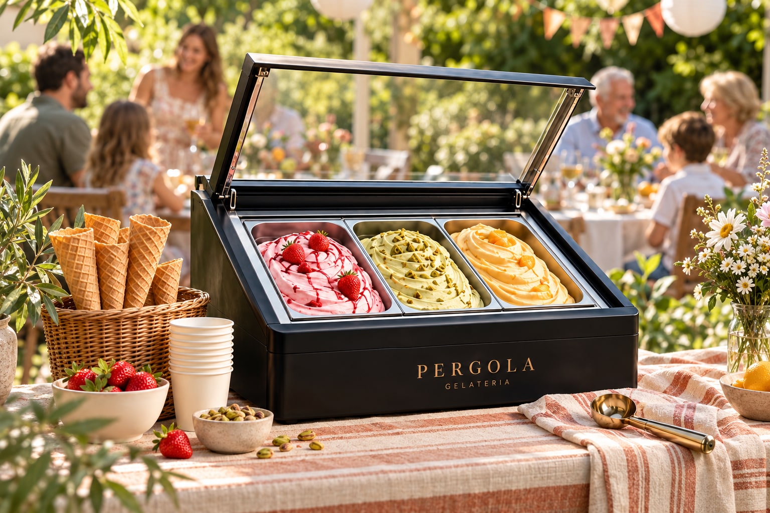 Pergola-Eistheke mit drei Sorten Gelato auf einem gedeckten Gartentisch bei einer Familienfeier